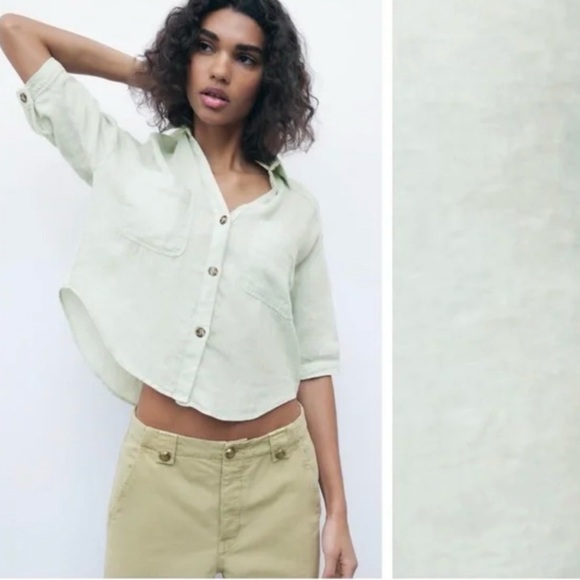 Zara Tops - Zara 100% Linen Women's Light Green Button-Up Cropped Top size L